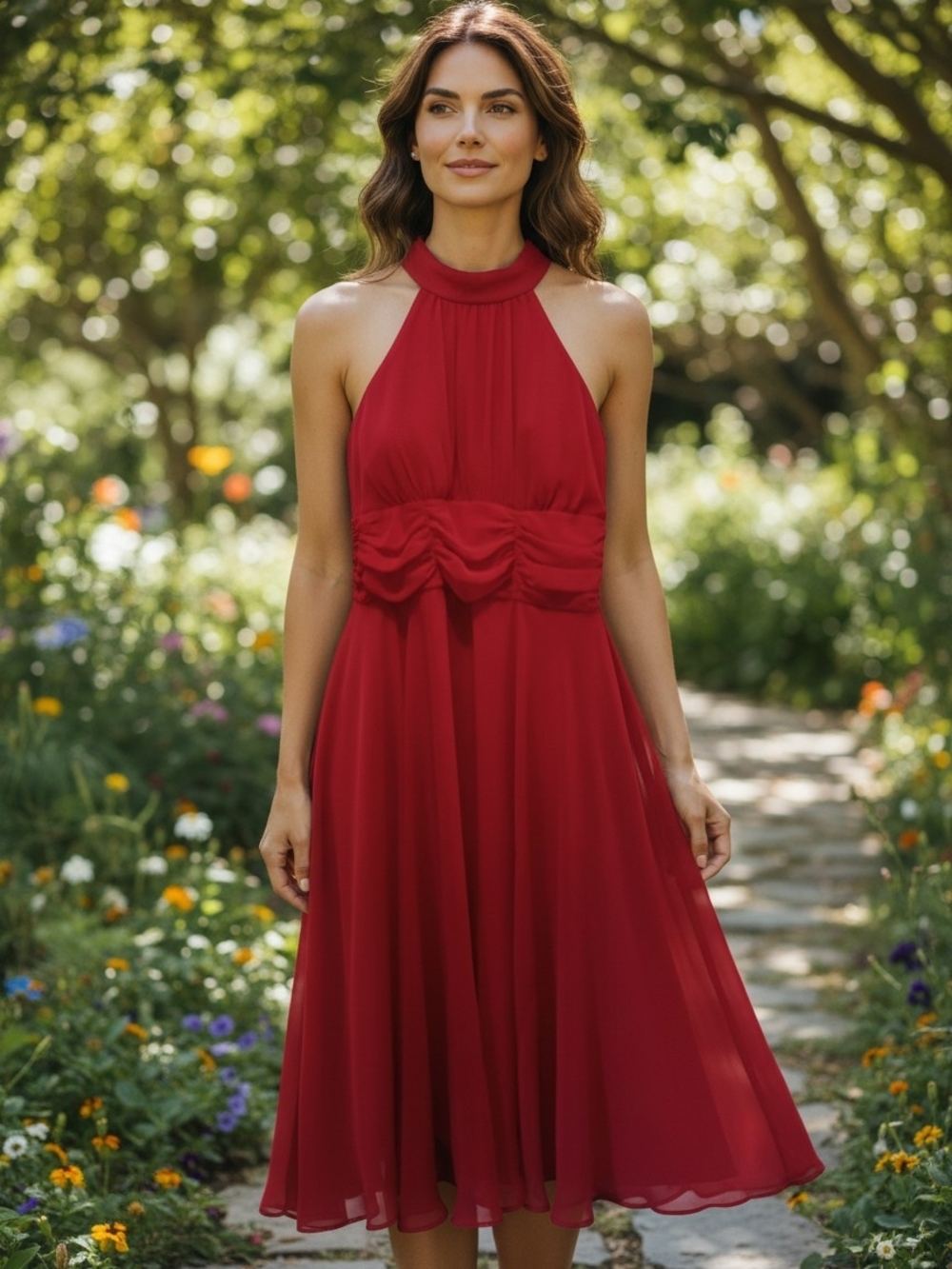 connected apparel Red Halter Midi Dress